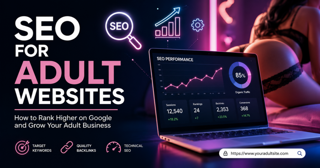 SEO for Adult Websites dashboard showing Google rankings, analytics, backlinks, and AI-powered digital marketing strategy for adult businesses.